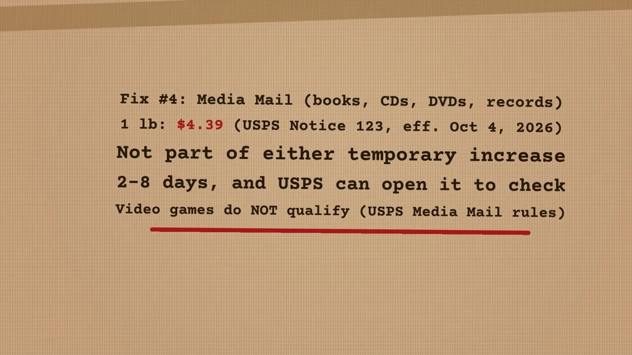 Media Mail: 1 lb $4.39, not part of either increase, 2-8 days, video games do not qualify