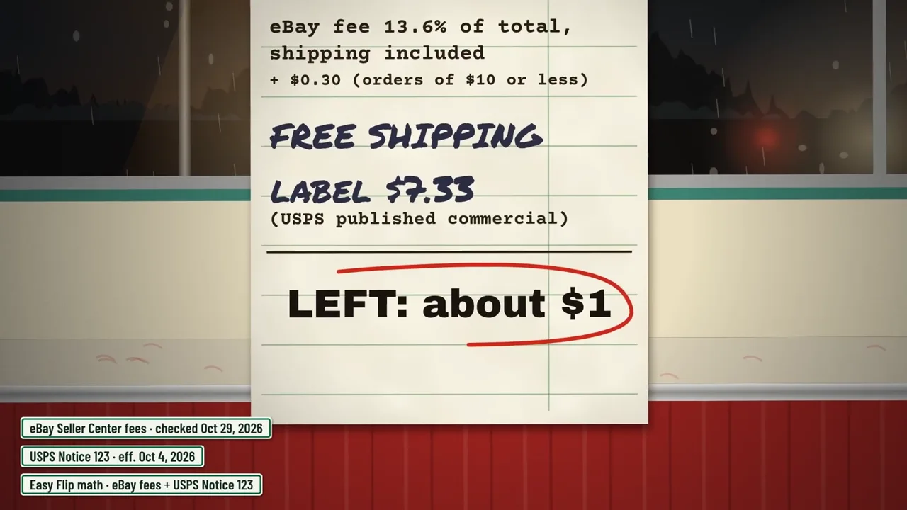 The $10 sale math: eBay fee 13.6% plus $0.30, free shipping, $7.33 USPS published commercial label, about $1 left