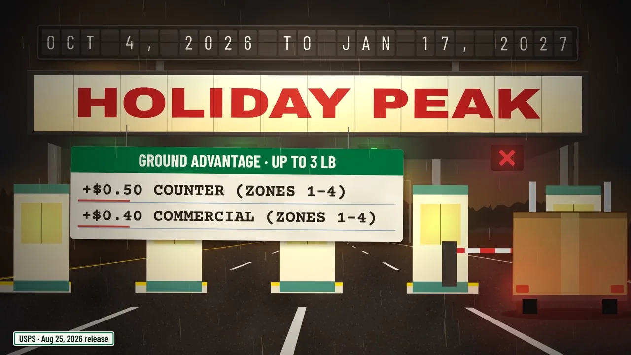 Holiday peak increase, Oct 4, 2026 to Jan 17, 2027: Ground Advantage up to 3 lb, +$0.50 counter and +$0.40 commercial in zones 1-4