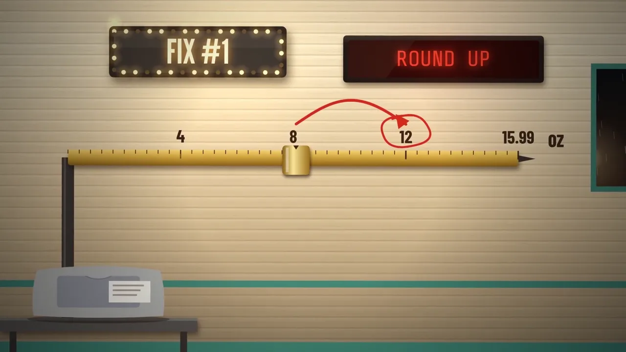 Fix 1, round up: a package just over 8 oz pays the 12 oz step