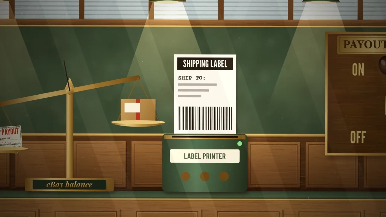 An illustrated eBay balance counter feeding a shipping label printer, with a payout switch on the wall