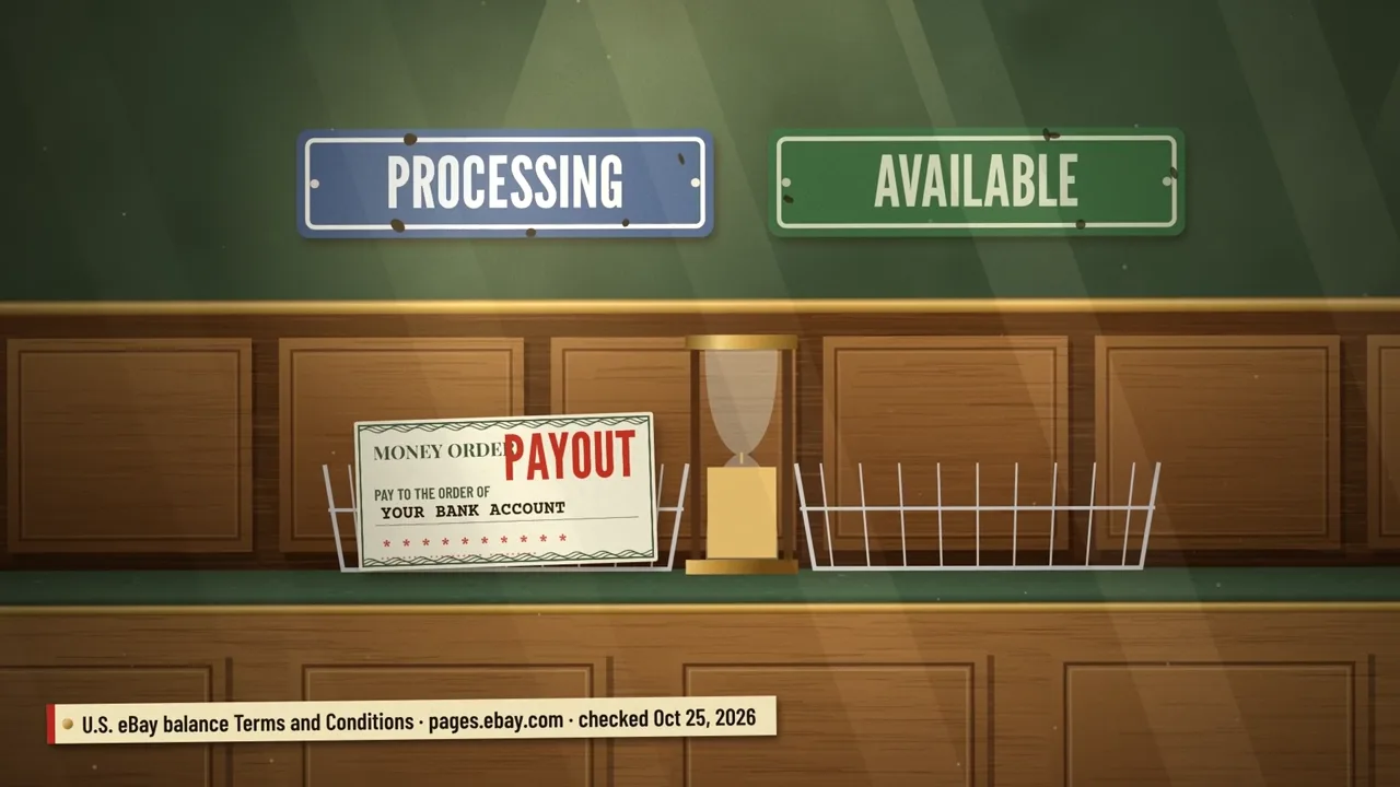 Processing and Available signs over a payout slip and an hourglass