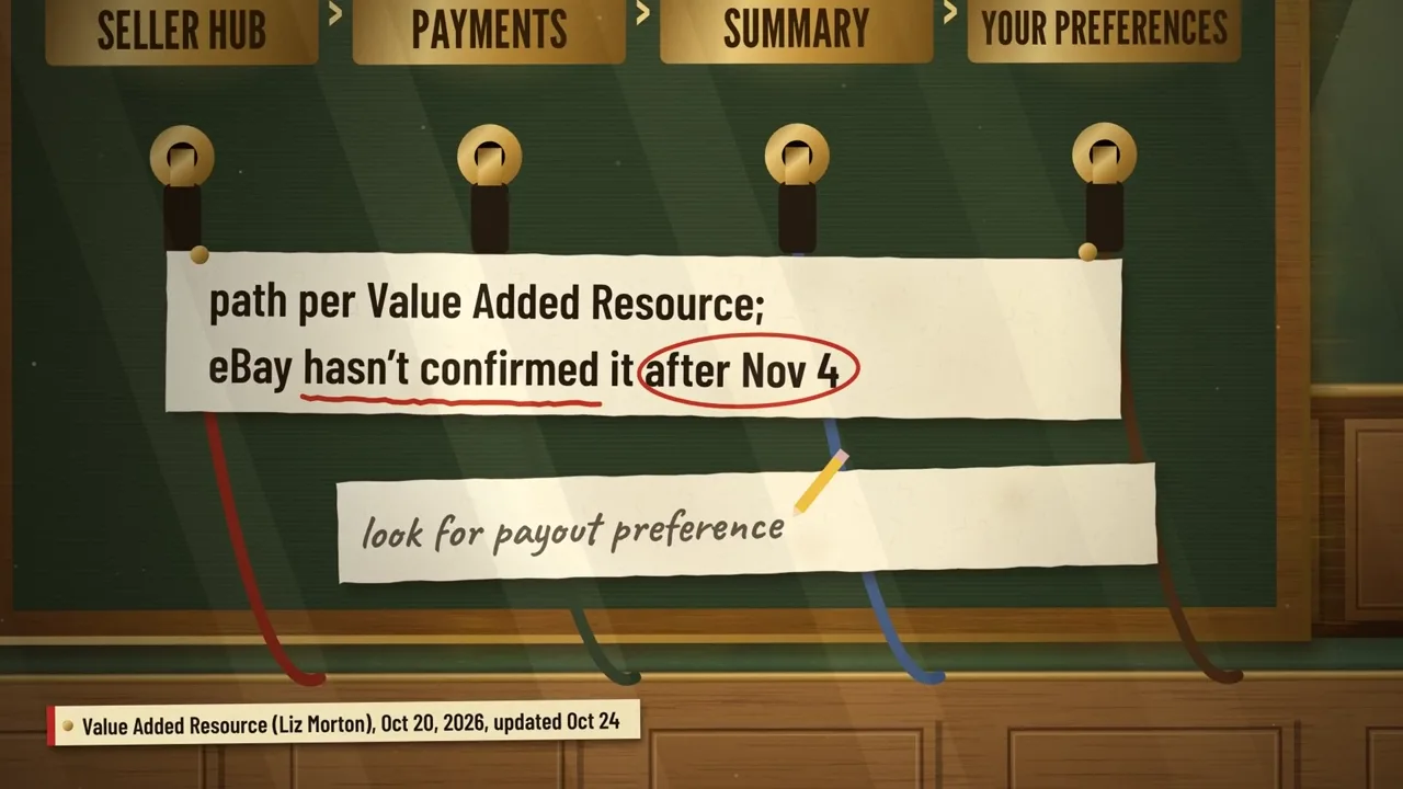 A board showing Seller Hub, Payments, Summary, Your Preferences, noted as Value Added Resource's path, not confirmed by eBay after Nov 4
