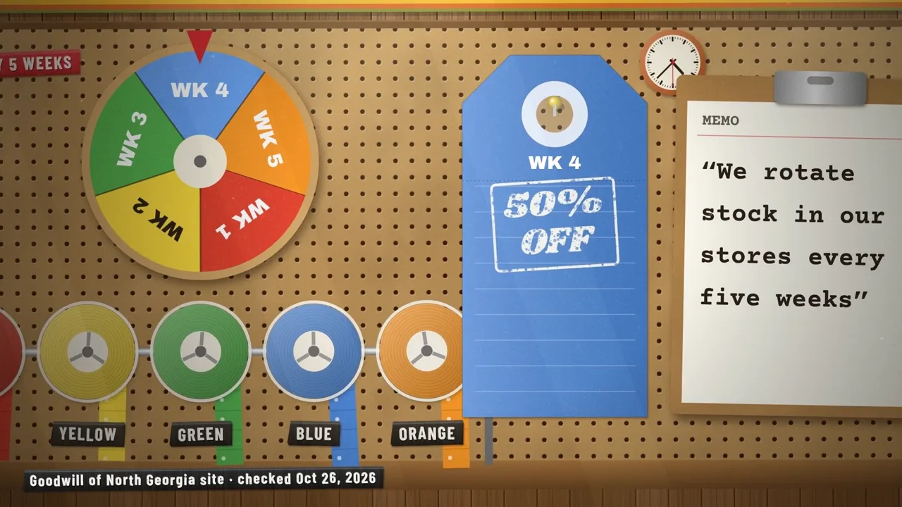A five-week color wheel with the week-four tag marked 50% off