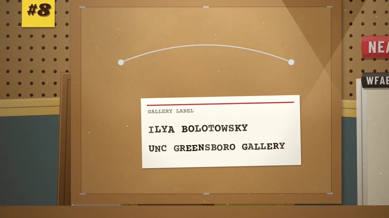 The back of a framed canvas with a gallery label reading Ilya Bolotowsky, UNC Greensboro Gallery