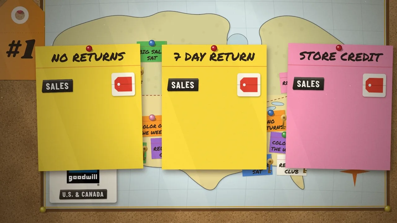 A corkboard map with sticky notes showing different return rules at different Goodwills