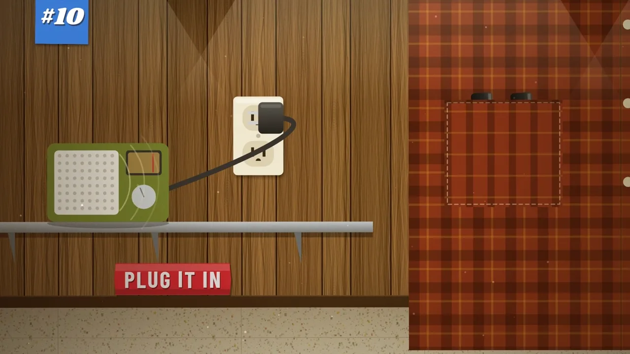 A radio plugged into an outlet on a wood-paneled wall, with a Plug It In sign