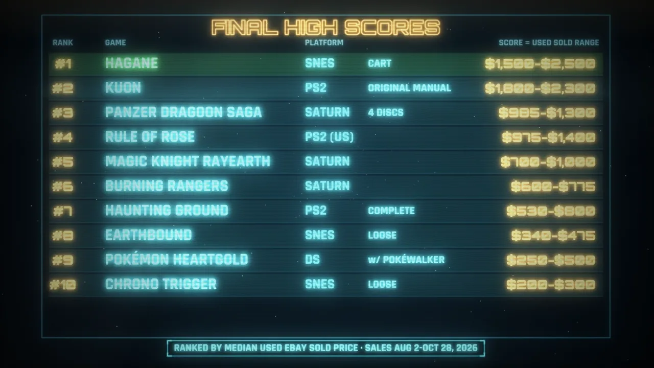 The final ranking table of all ten games with their used sold ranges