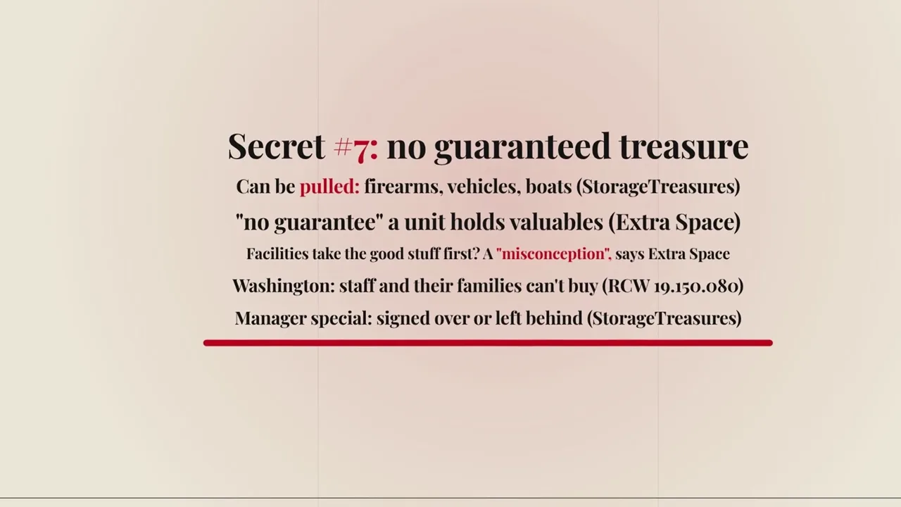Secret 7: no guaranteed treasure; firearms, vehicles and boats can be pulled; Washington staff and families can't buy