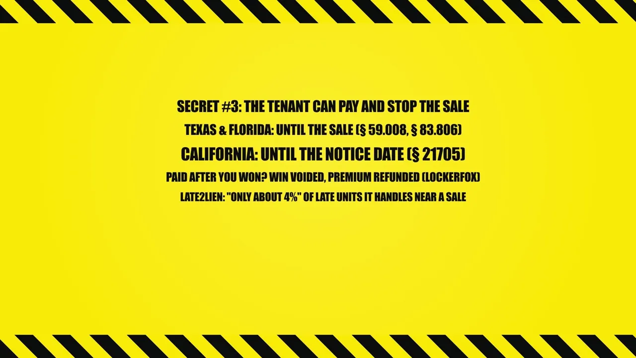 Secret 3: the tenant can pay and stop the sale; Texas and Florida until the sale, California until the notice date