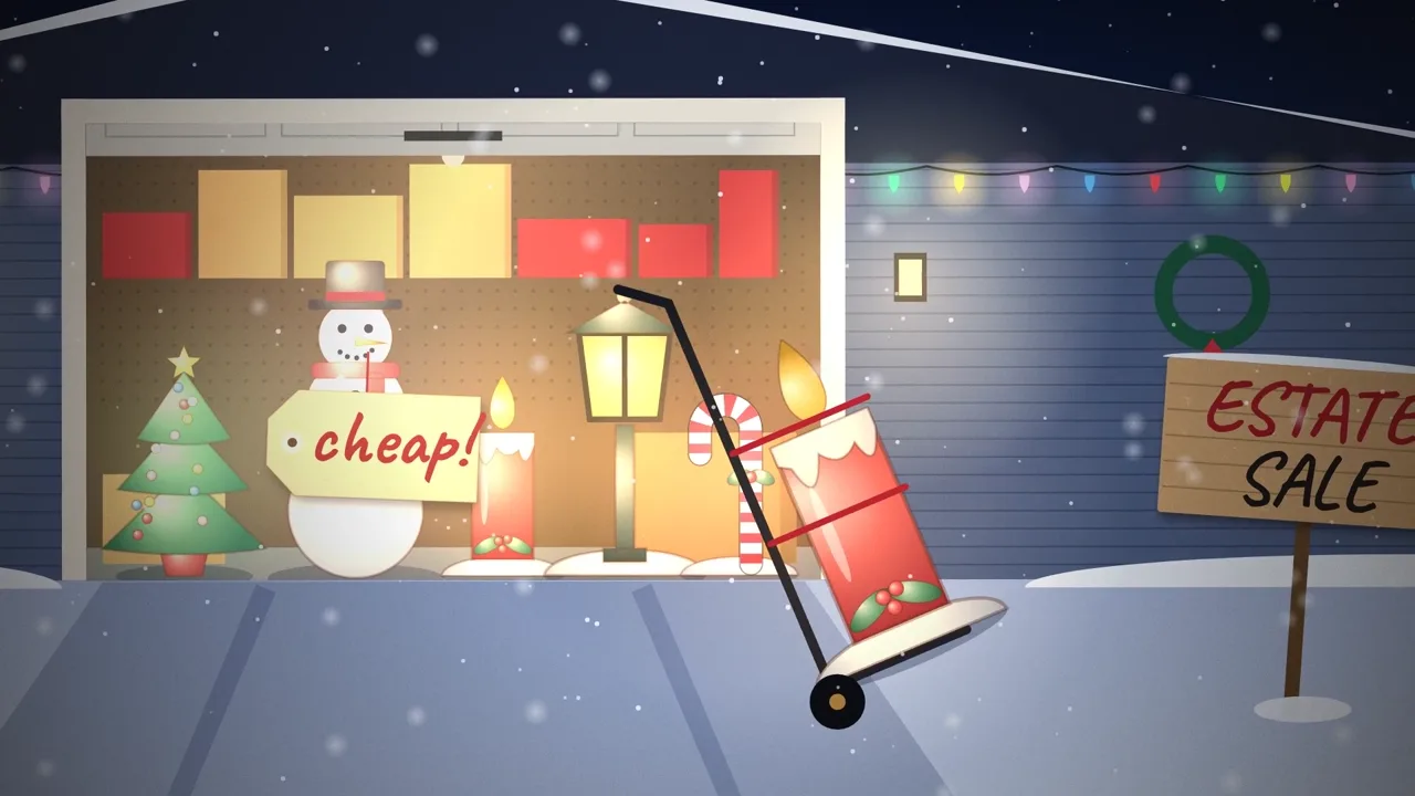 An illustrated garage at an estate sale with a candle blow mold on a hand truck and a sign reading cheap