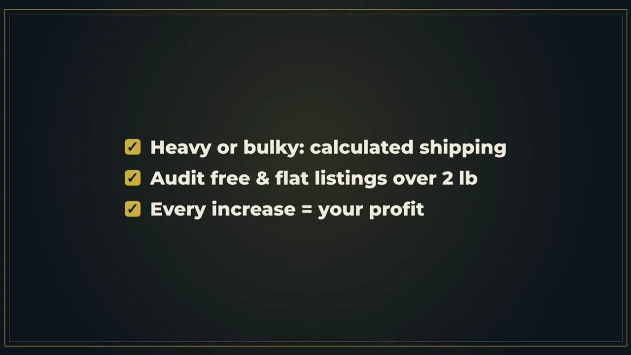 Checklist card: heavy or bulky, calculated shipping; audit free and flat listings over 2 lb; every increase equals your profit