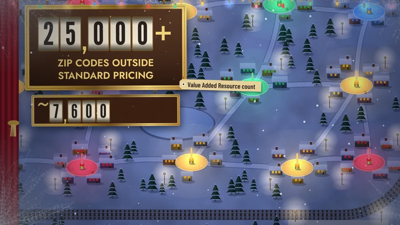 A winter village map with a counter reading 25,000+ ZIP codes outside standard pricing and about 7,600 newly moved